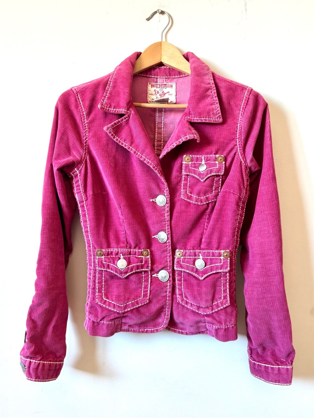 Vintage Y2K Sz S True Religion Jackie Big T Magenta Fine Cotton Corduroy Jacket
